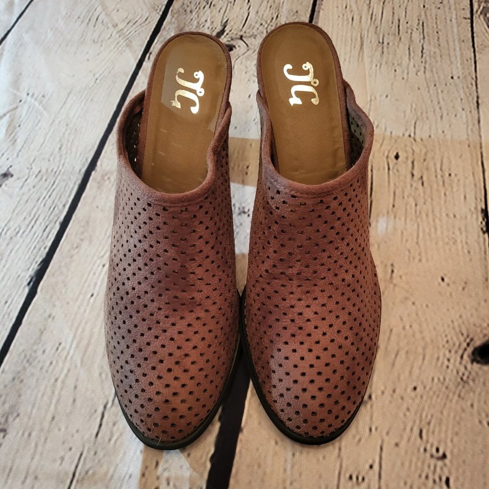 JG, Size: 10, Faux Suede Cognac Brown Mule, 3 1/2" Heel